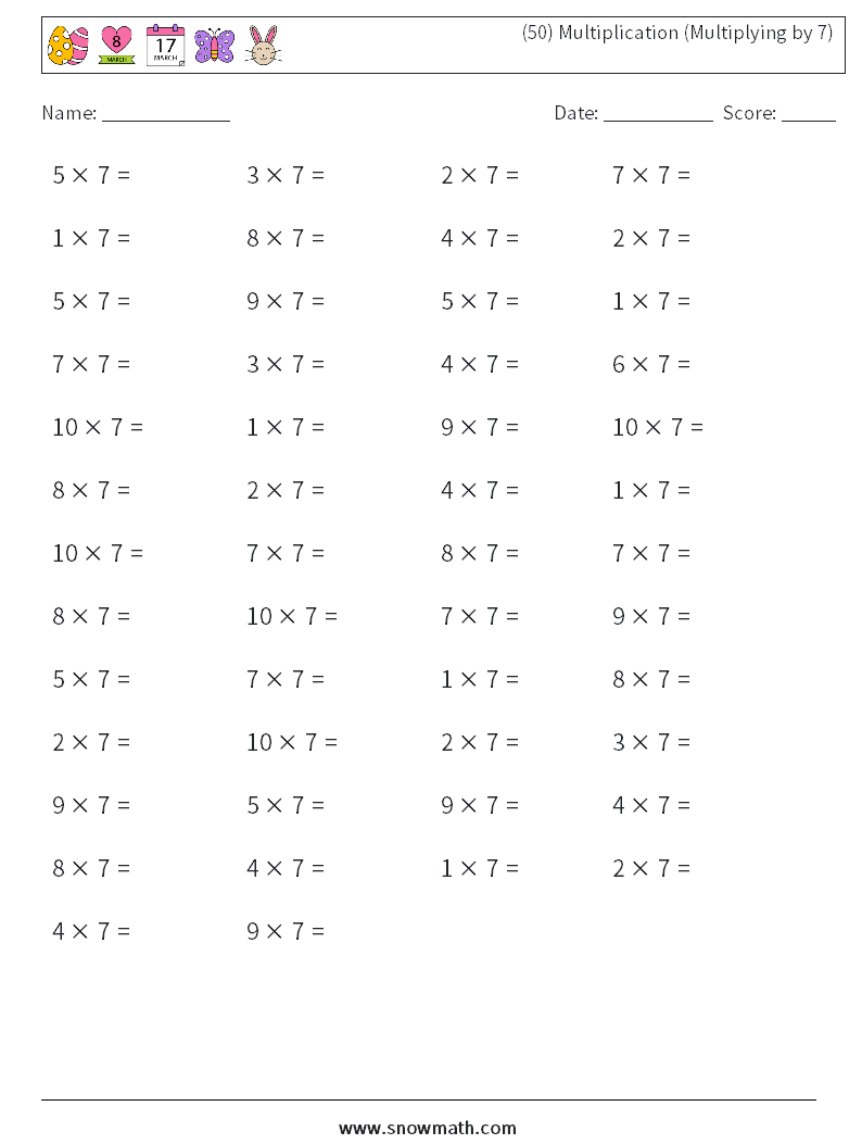 (50) Multiplication (Multiplying by 7) Maths Worksheets 5