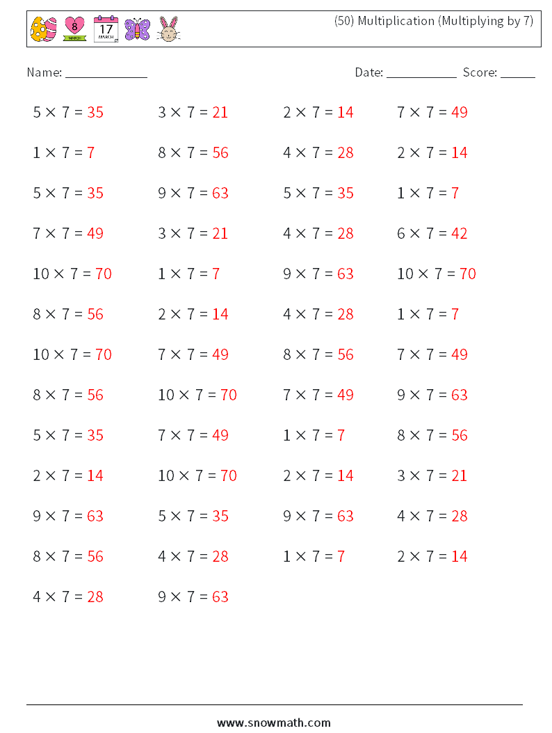 (50) Multiplication (Multiplying by 7) Math Worksheets 5 Question, Answer