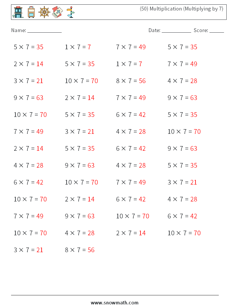 (50) Multiplication (Multiplying by 7) Math Worksheets 6 Question, Answer