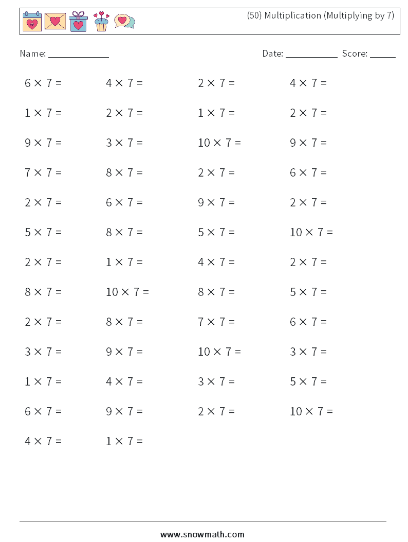 (50) Multiplication (Multiplying by 7) Maths Worksheets 8