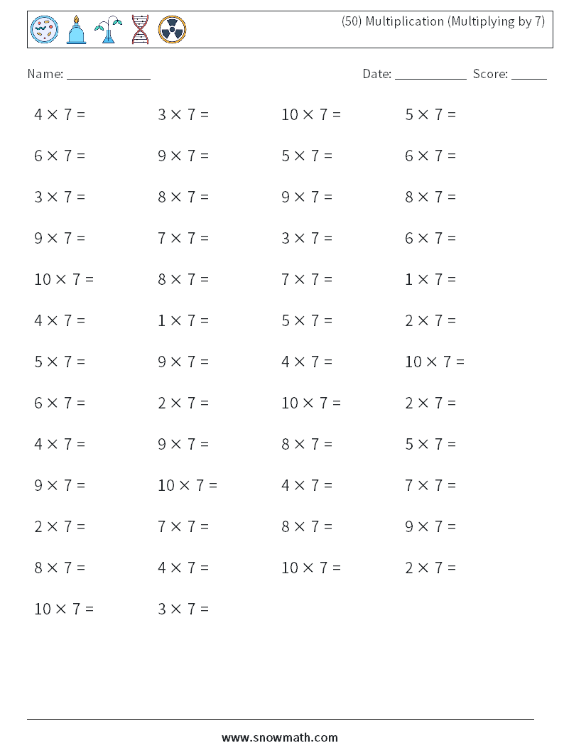 (50) Multiplication (Multiplying by 7) Math Worksheets 9