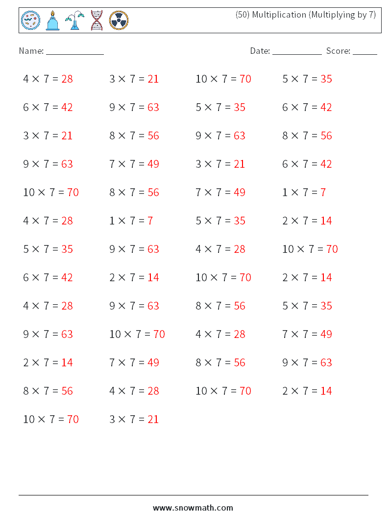 (50) Multiplication (Multiplying by 7) Math Worksheets 9 Question, Answer