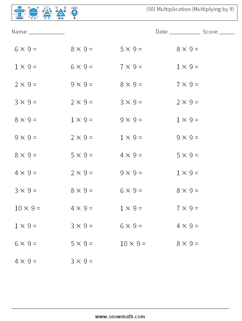 (50) Multiplication (Multiplying by 9) Maths Worksheets 3