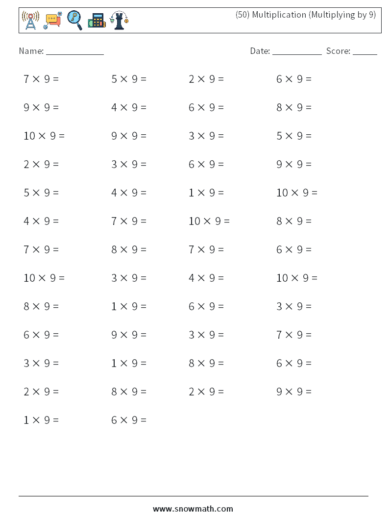 (50) Multiplication (Multiplying by 9) Math Worksheets 9
