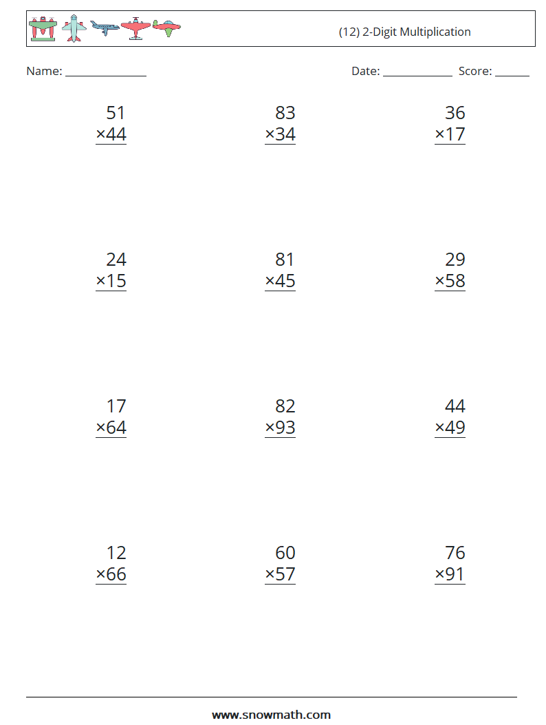 (12) 2-Digit Multiplication Math Worksheets 10