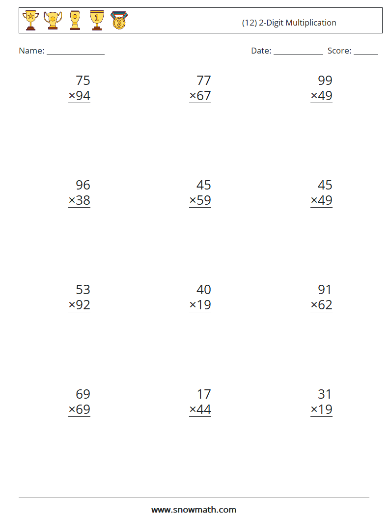 (12) 2-Digit Multiplication Math Worksheets 13