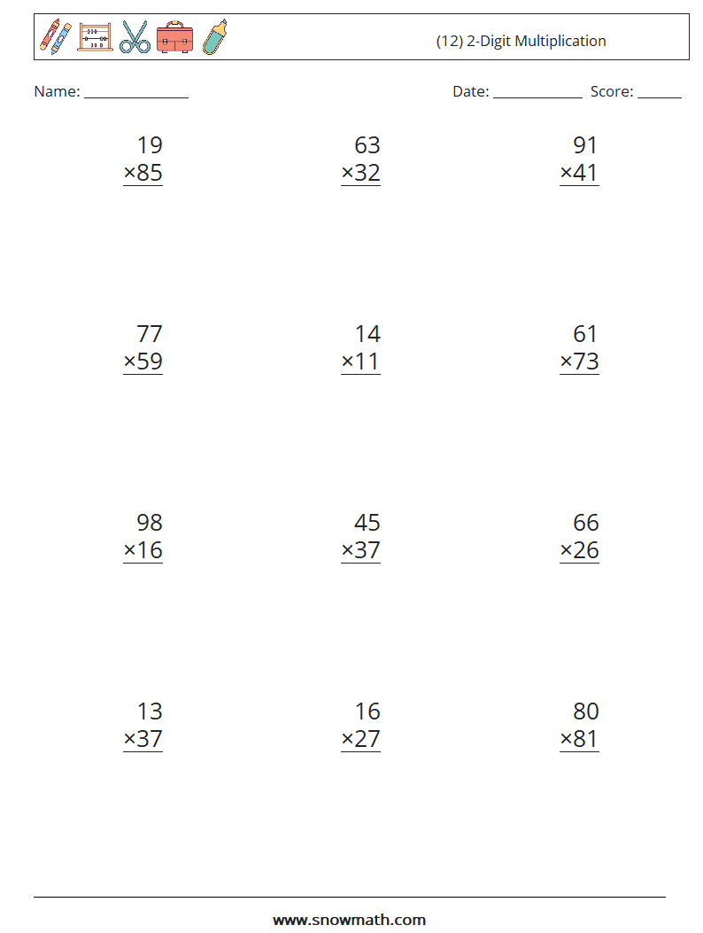 (12) 2-Digit Multiplication Math Worksheets 14