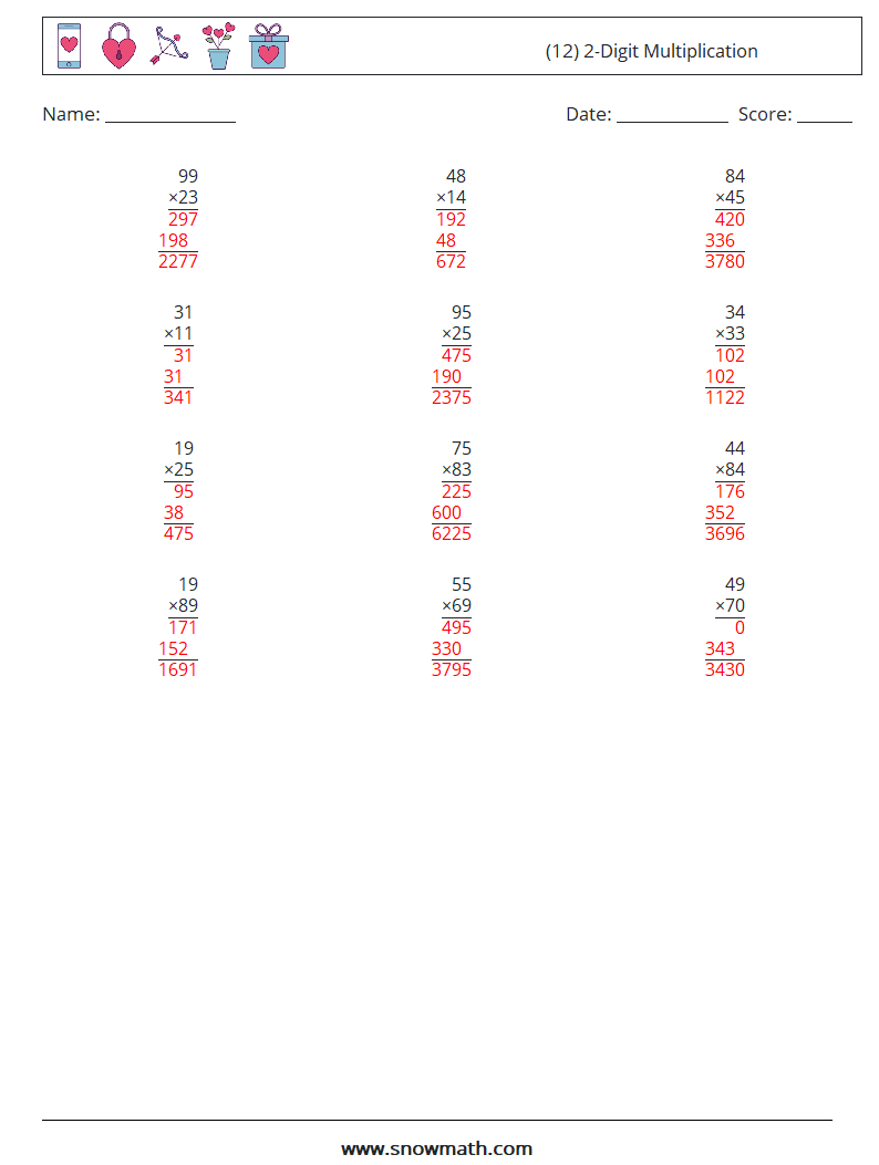 (12) 2-Digit Multiplication Math Worksheets 15 Question, Answer