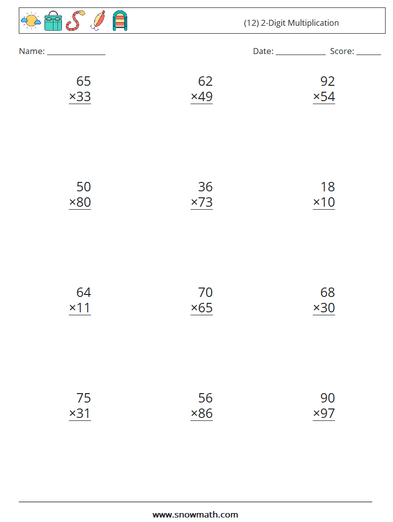 (12) 2-Digit Multiplication Math Worksheets 16