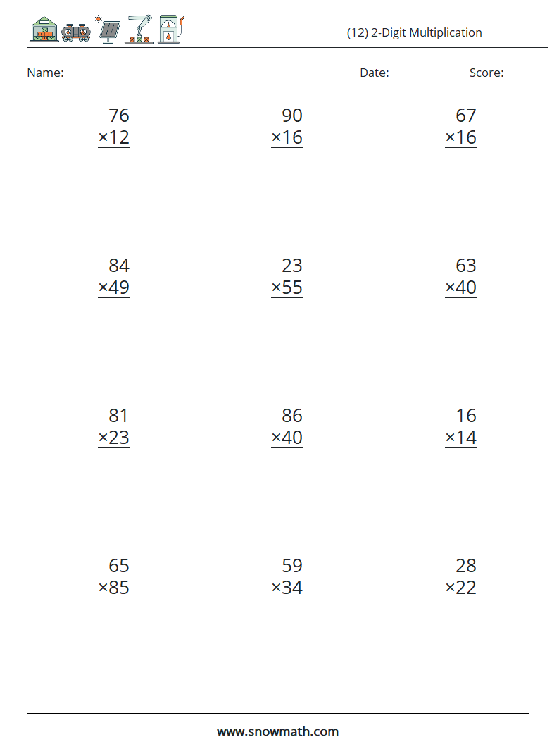 (12) 2-Digit Multiplication Math Worksheets 17