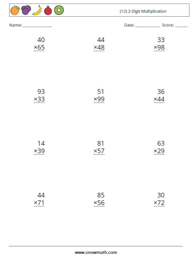 (12) 2-Digit Multiplication Math Worksheets 18