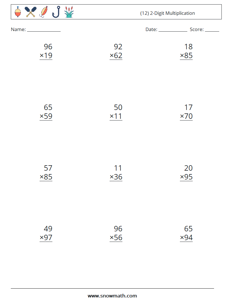 (12) 2-Digit Multiplication Maths Worksheets 2