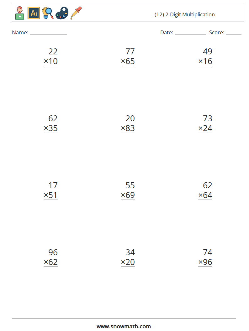 (12) 2-Digit Multiplication Math Worksheets 5