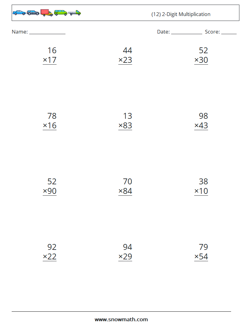 (12) 2-Digit Multiplication Math Worksheets 6