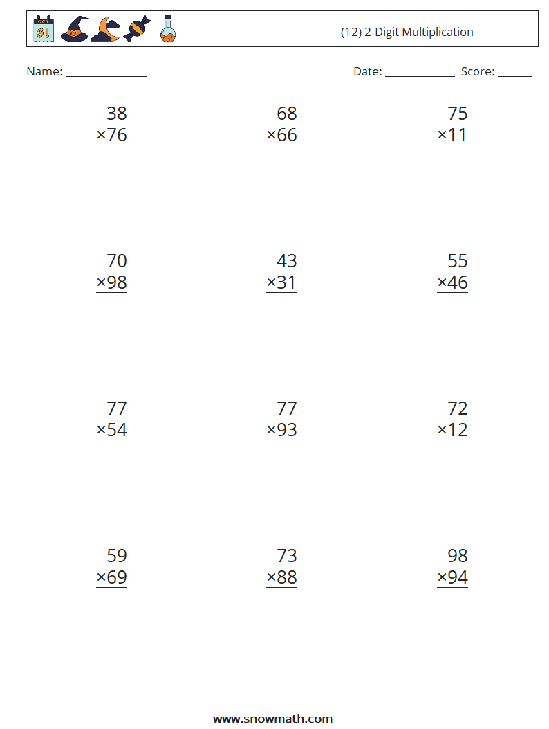 (12) 2-Digit Multiplication Math Worksheets 7