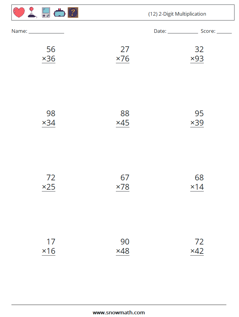 (12) 2-Digit Multiplication Math Worksheets 9