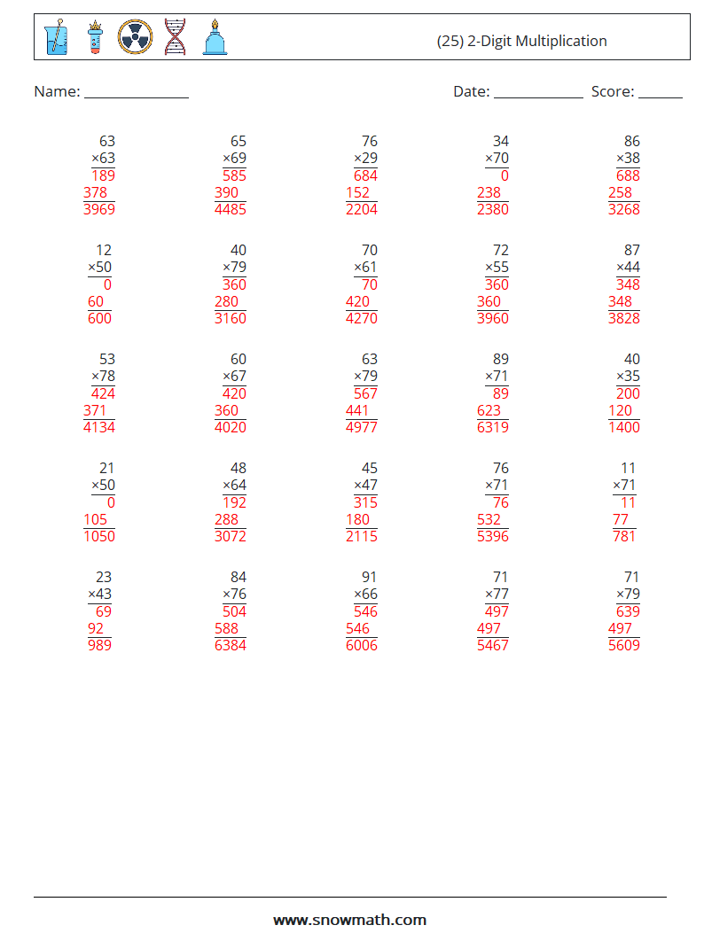 (25) 2-Digit Multiplication Math Worksheets 15 Question, Answer