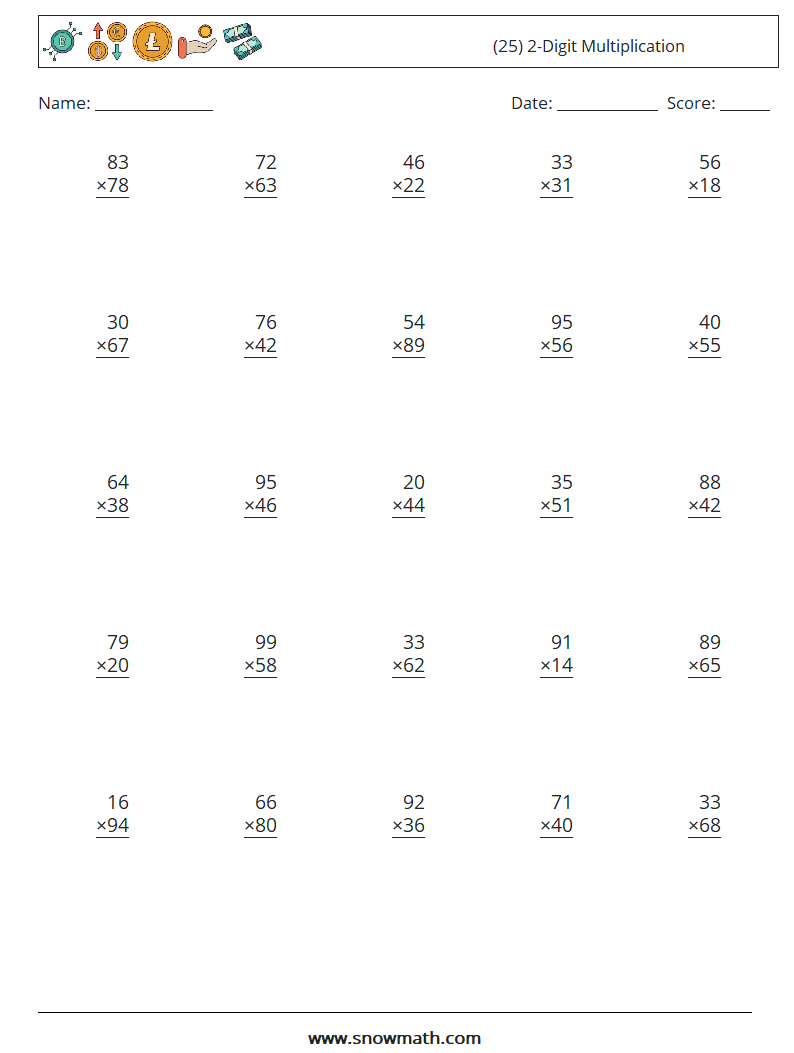 (25) 2-digit multiplication Math Worksheets, Math Practice for Kids.
