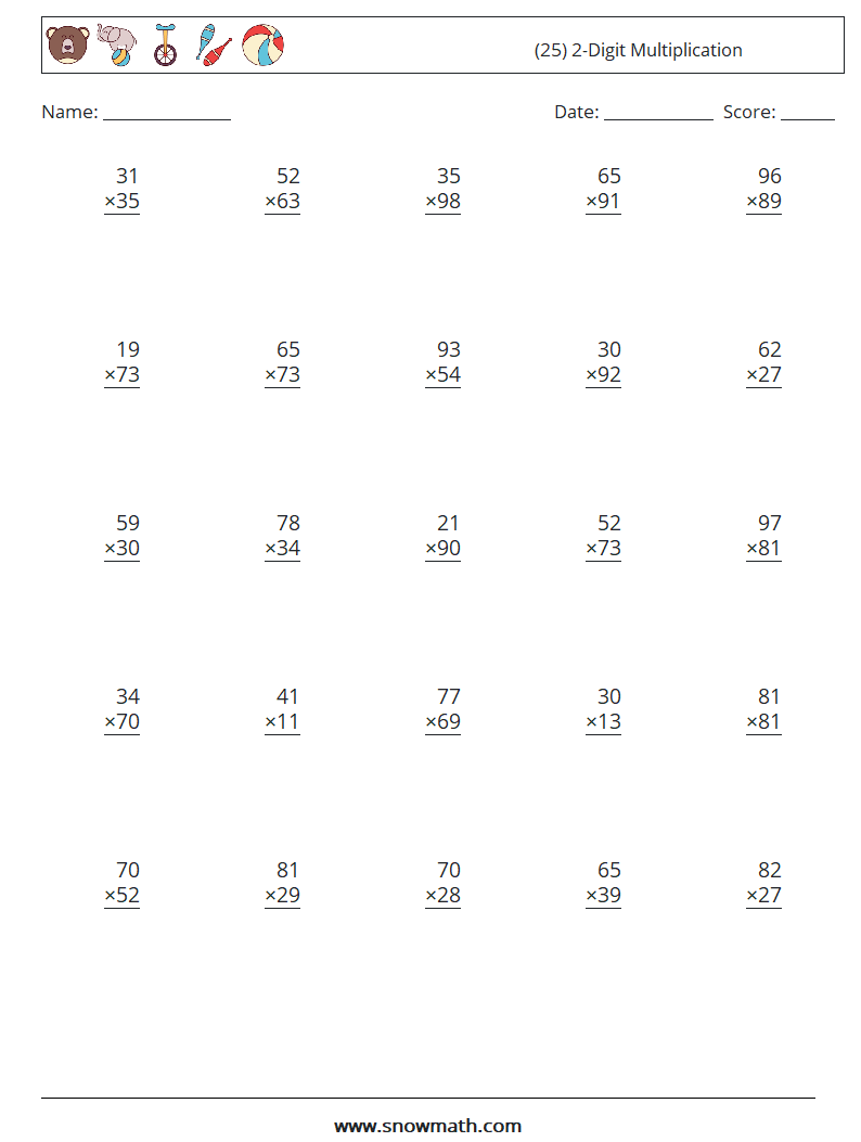 (25) 2-Digit Multiplication Math Worksheets 8