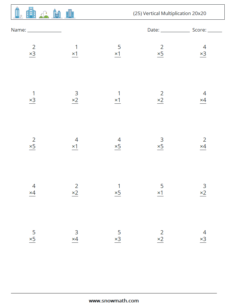 (25) Vertical Multiplication 20x20 Math Worksheets 10