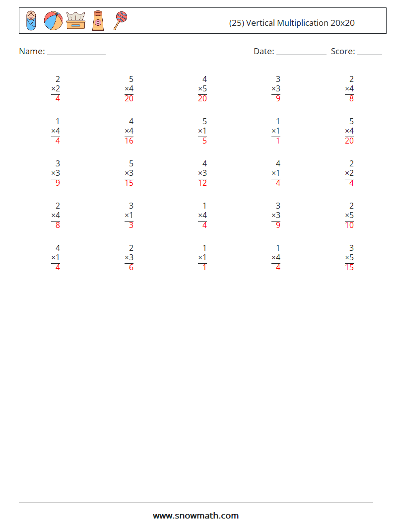 (25) Vertical Multiplication 20x20 Math Worksheets 12 Question, Answer