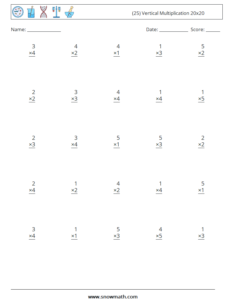 (25) Vertical Multiplication 20x20 Maths Worksheets 14