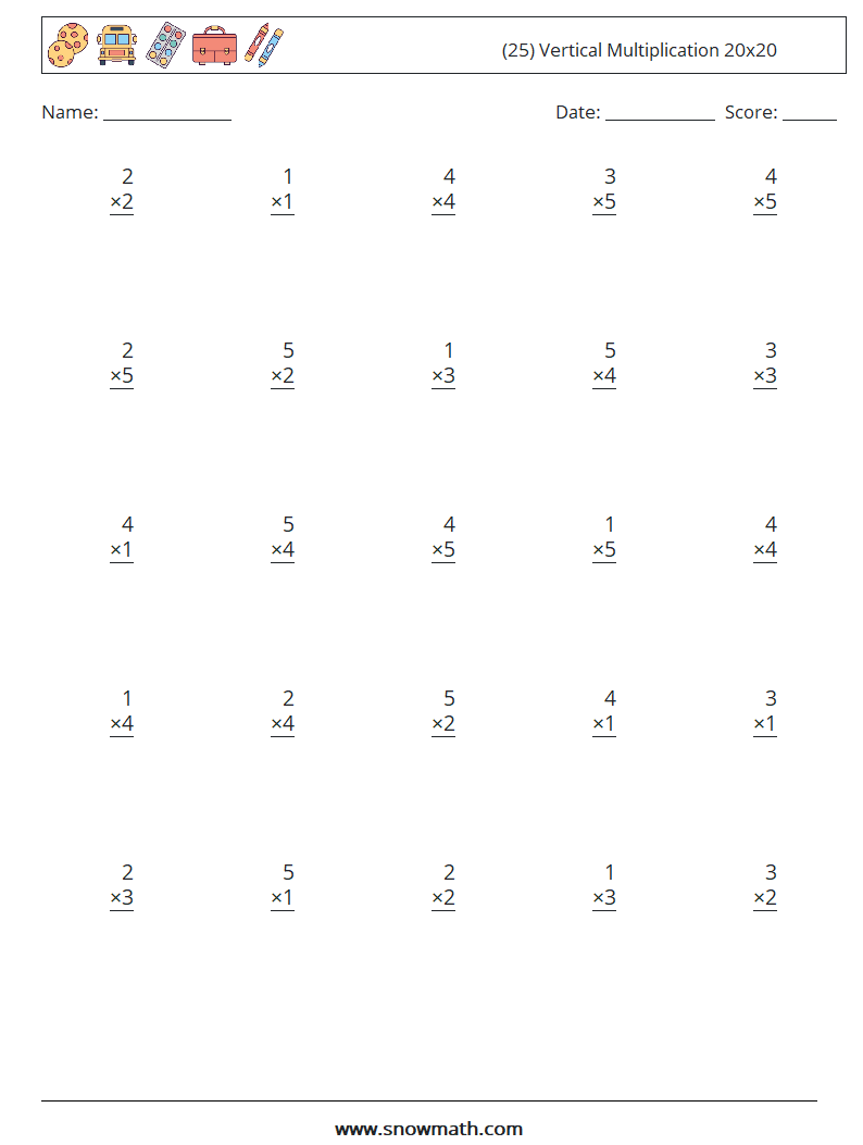 (25) Vertical Multiplication 20x20 Math Worksheets 15