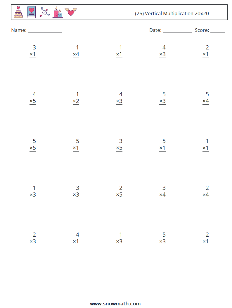 (25) Vertical Multiplication 20x20 Math Worksheets 16