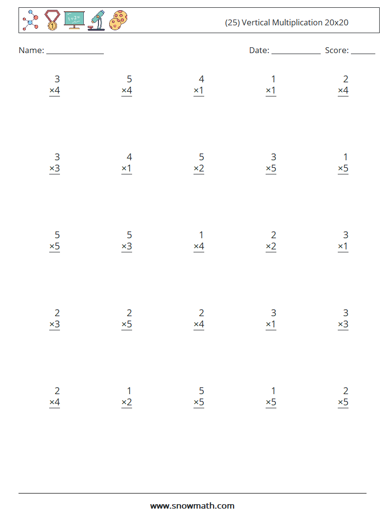 (25) Vertical Multiplication 20x20 Math Worksheets 17