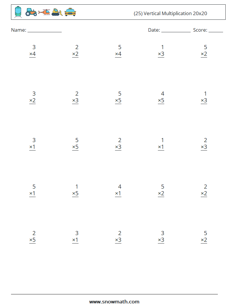 (25) Vertical Multiplication 20x20 Math Worksheets 18