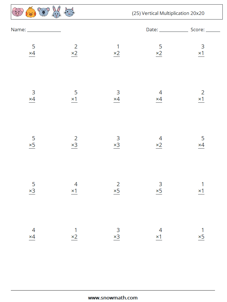 (25) Vertical Multiplication 20x20 Math Worksheets 2