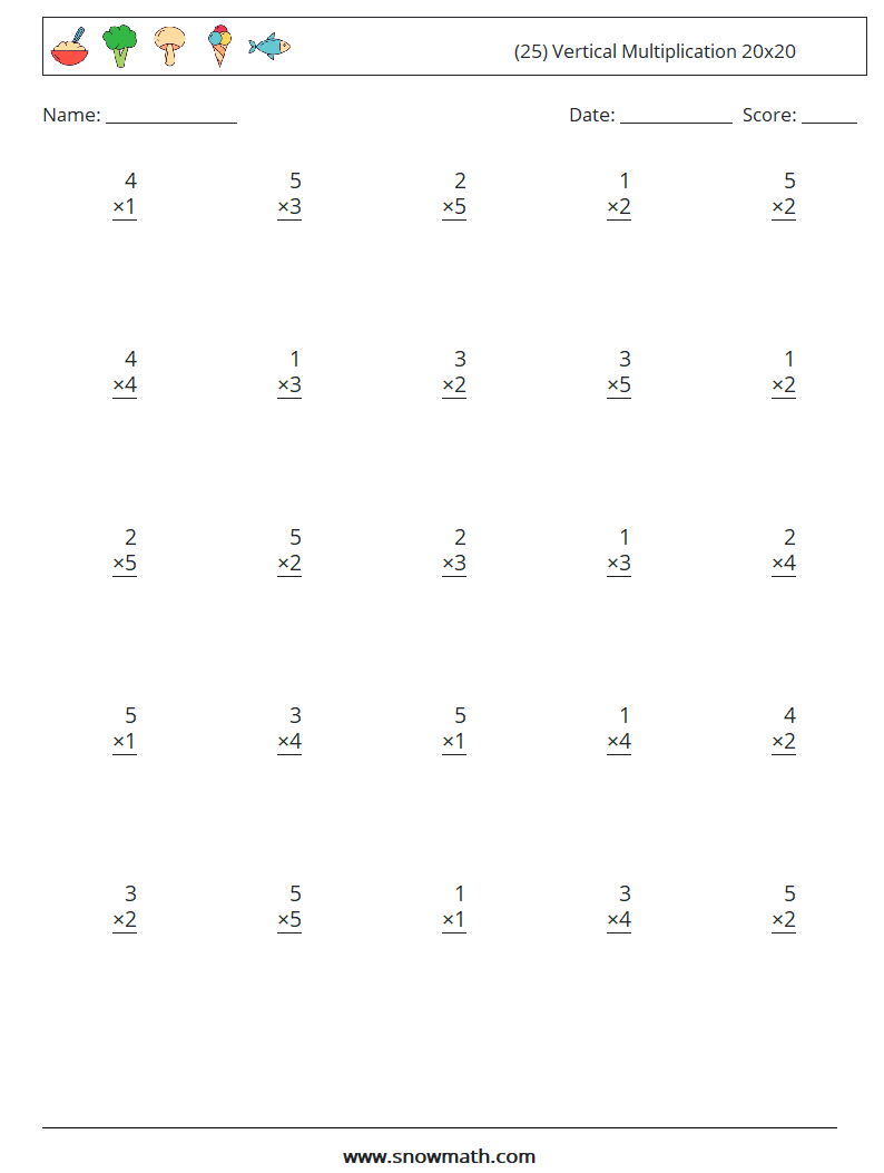 (25) Vertical Multiplication 20x20 Maths Worksheets 3