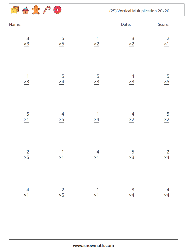 (25) Vertical Multiplication 20x20 Maths Worksheets 4