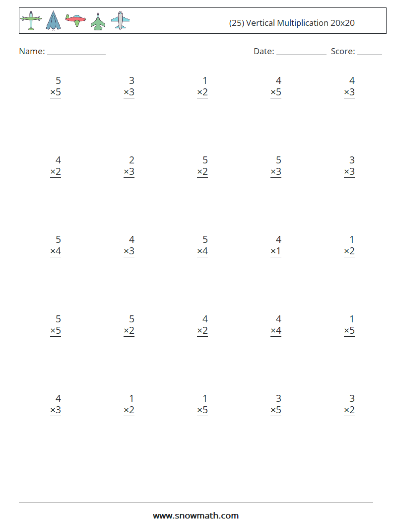 (25) Vertical Multiplication 20x20 Math Worksheets 6