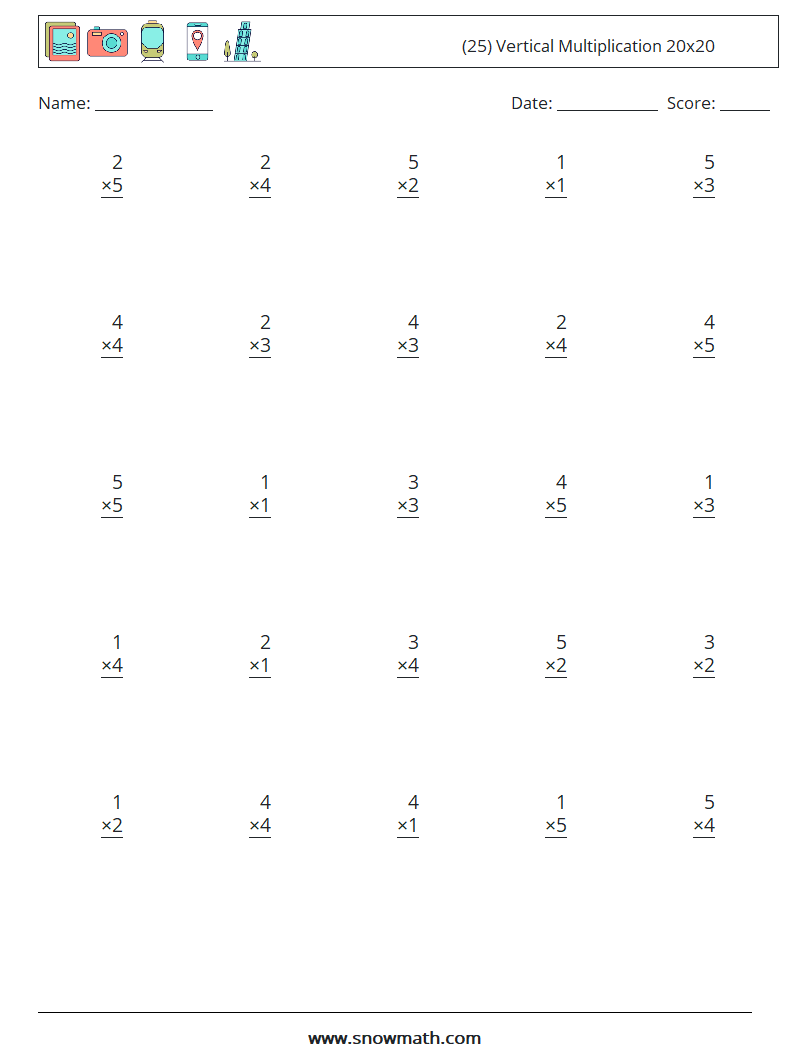 (25) Vertical Multiplication 20x20 Math Worksheets 7