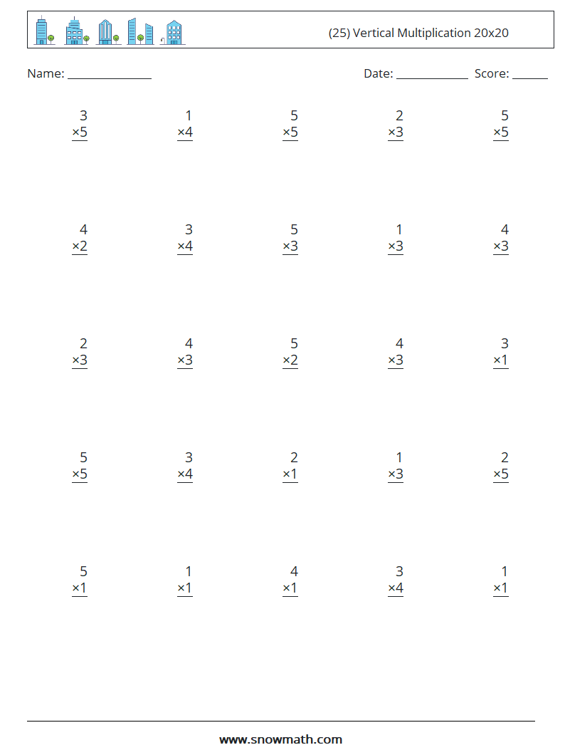 (25) Vertical Multiplication 20x20 Math Worksheets 9
