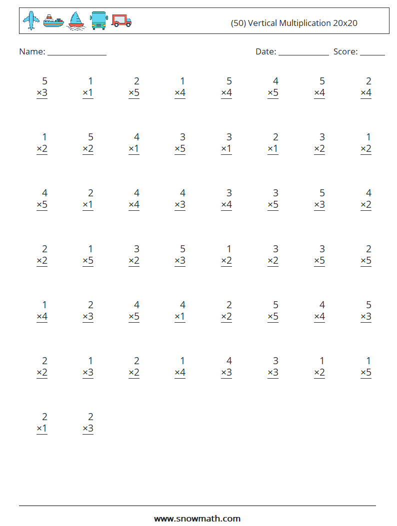 (50) Vertical Multiplication 20x20 Maths Worksheets 10