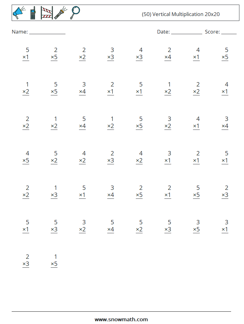 (50) Vertical Multiplication 20x20 Maths Worksheets 16