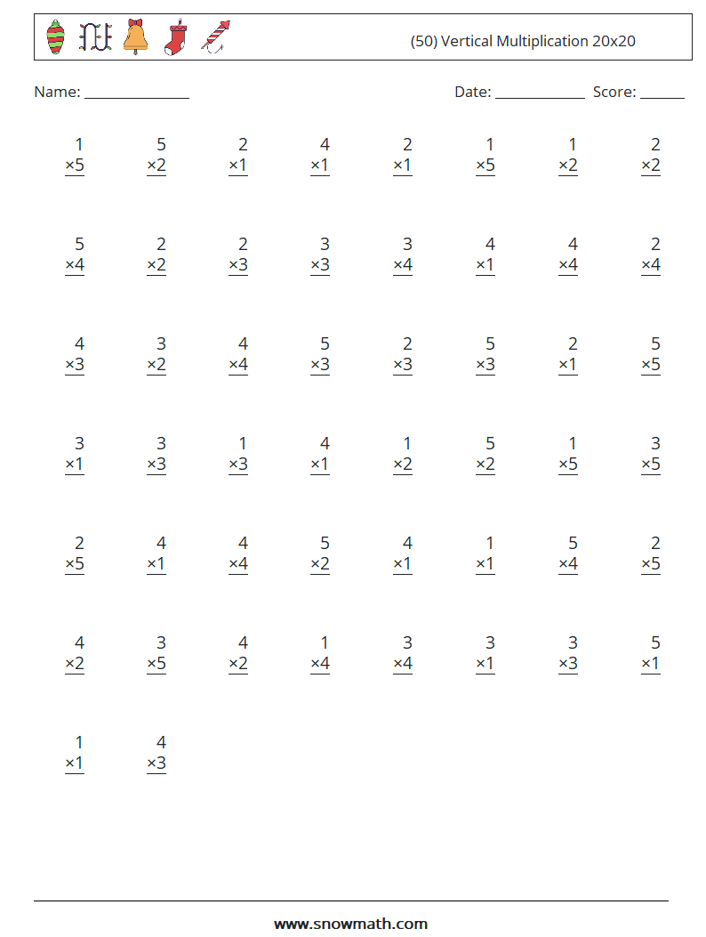 (50) Vertical Multiplication 20x20 Maths Worksheets 17