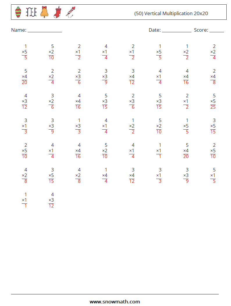 (50) Vertical Multiplication 20x20 Math Worksheets 17 Question, Answer