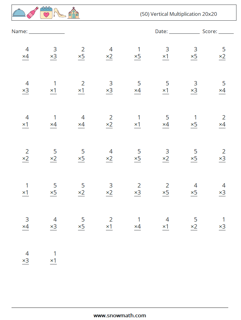 (50) Vertical Multiplication 20x20 Math Worksheets 18