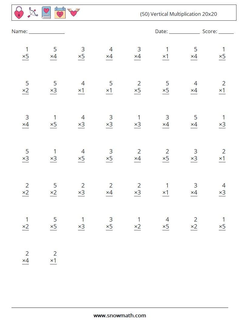 (50) Vertical Multiplication 20x20 Math Worksheets 2
