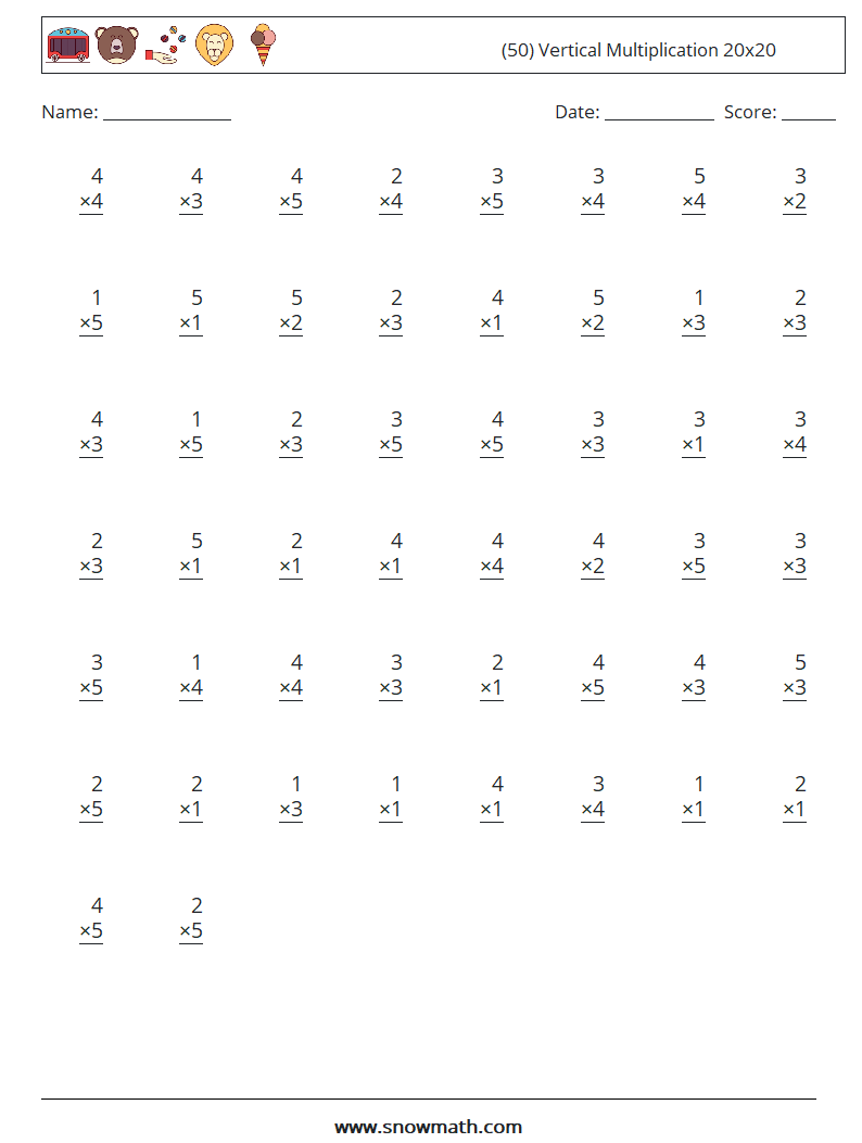 (50) Vertical Multiplication 20x20 Math Worksheets 3