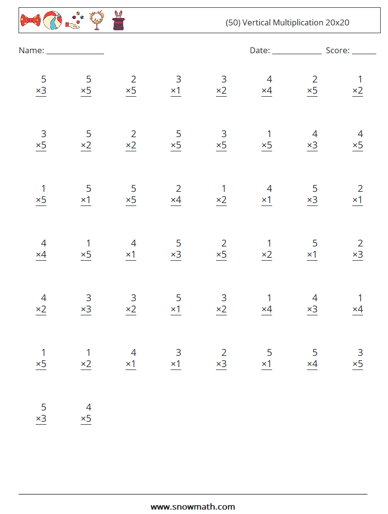 (50) Vertical Multiplication 20x20 Math Worksheets 4