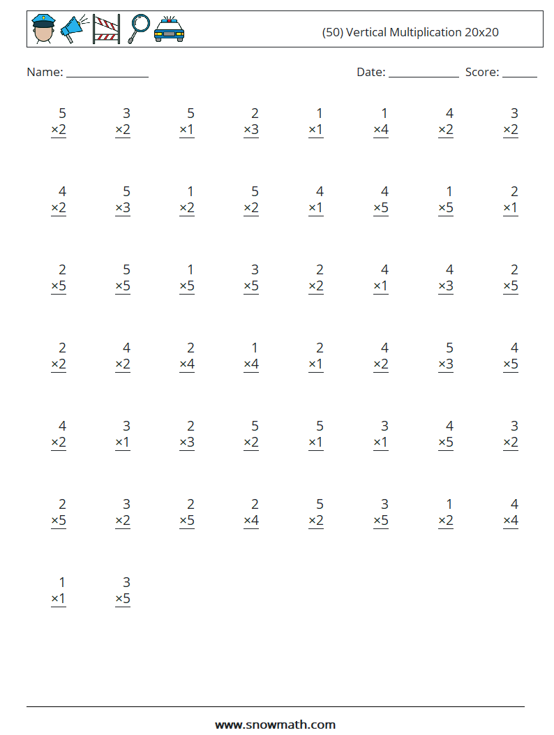 (50) Vertical Multiplication 20x20 Maths Worksheets 6
