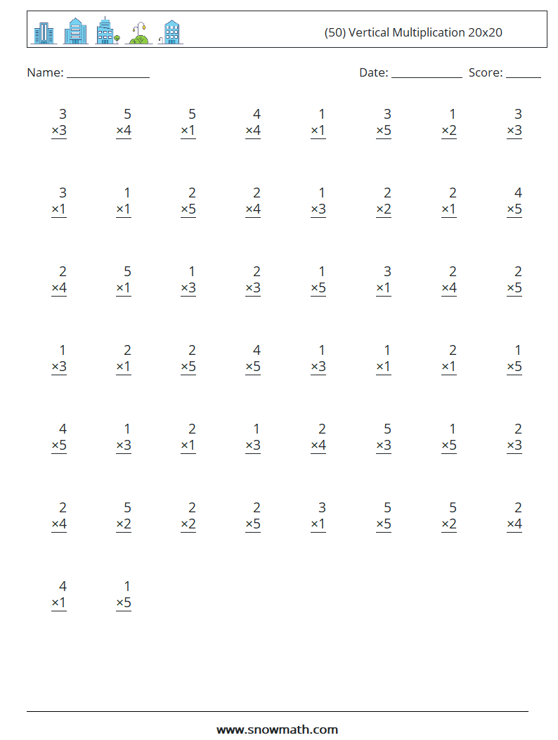 (50) Vertical Multiplication 20x20 Math Worksheets 8