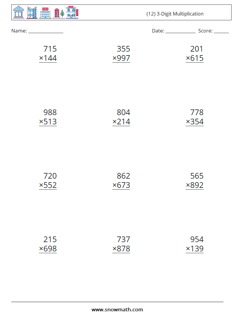 Multiplying 3 Digit By 3 Digit Numbers A Grade 4 Math Worksheet Multiply In Columns 3 By 3