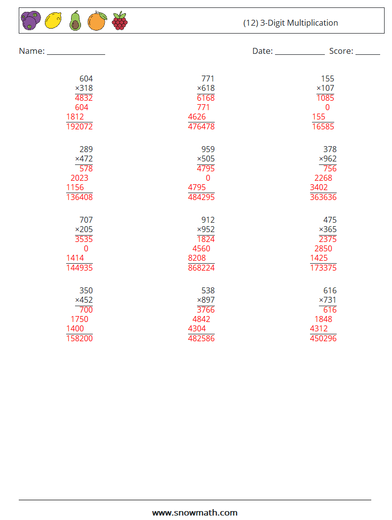 (12) 3-Digit Multiplication Math Worksheets 17 Question, Answer