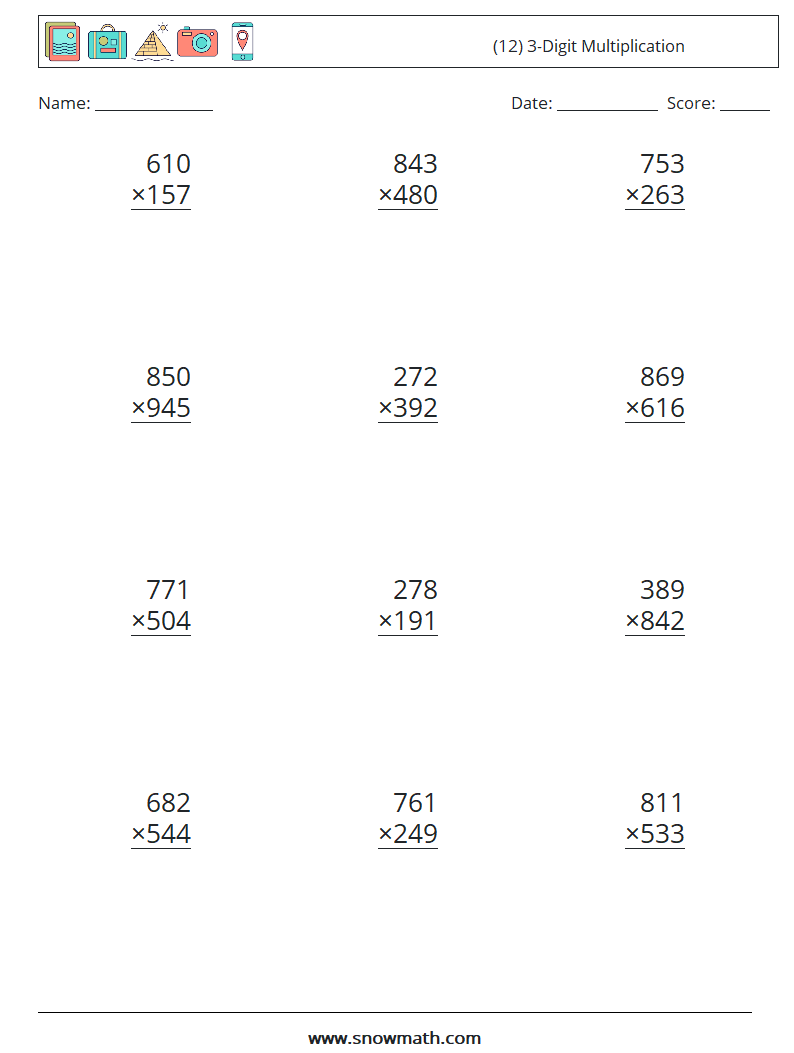 (12) 3-Digit Multiplication Math Worksheets 5