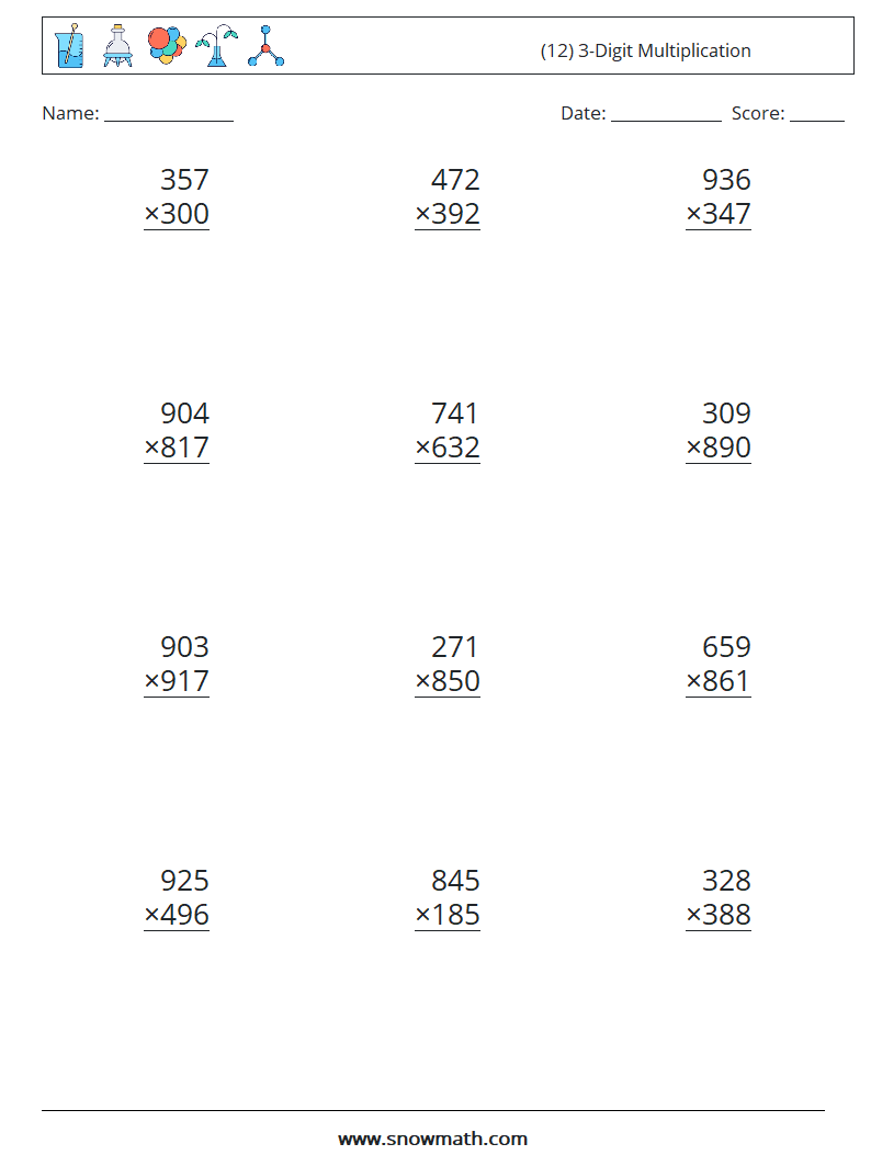(12) 3-Digit Multiplication Maths Worksheets 6